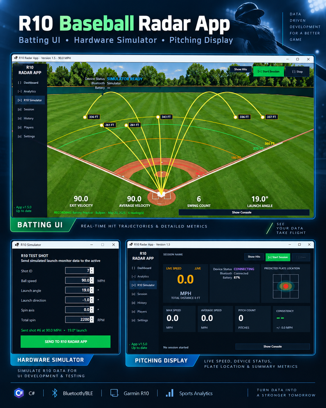 R10 Baseball Radar App showing the batting interface with hit trajectories, hardware simulator controls, and pitching dashboard.